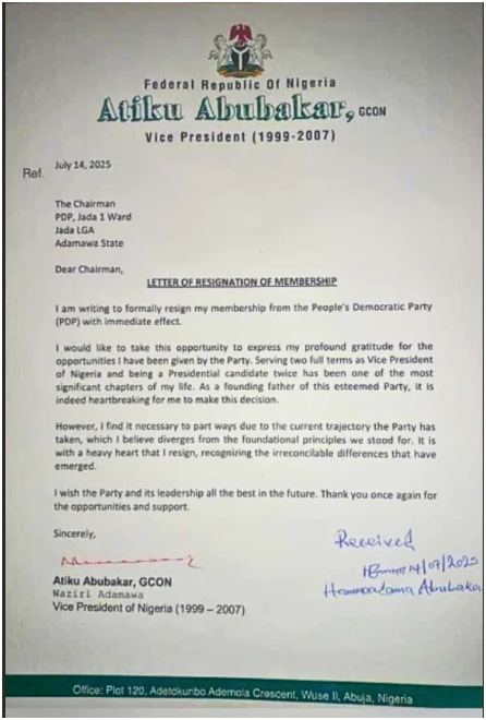 ATIKU RESIGNATION LETTER